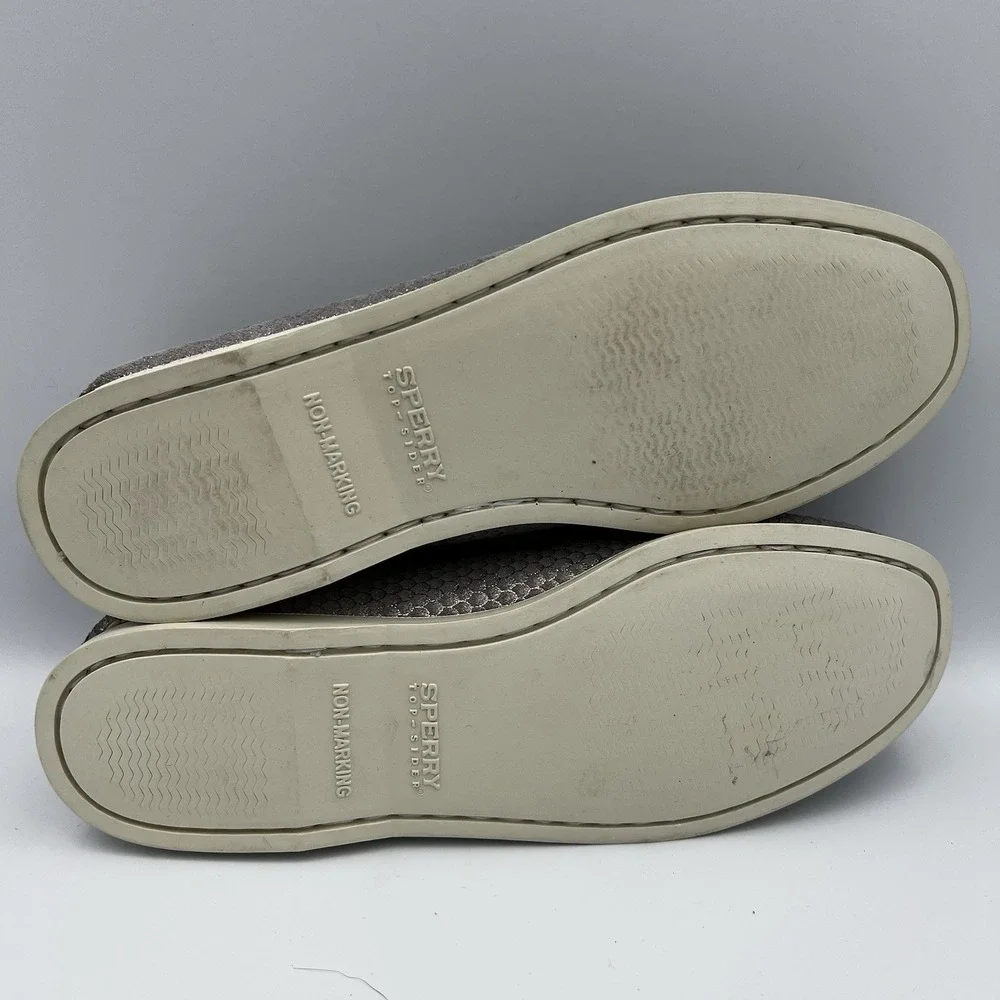 Sperry Angelfish Silver Metallic Leather Boat Shoes W‎ 9M Coastal Marina Preppy